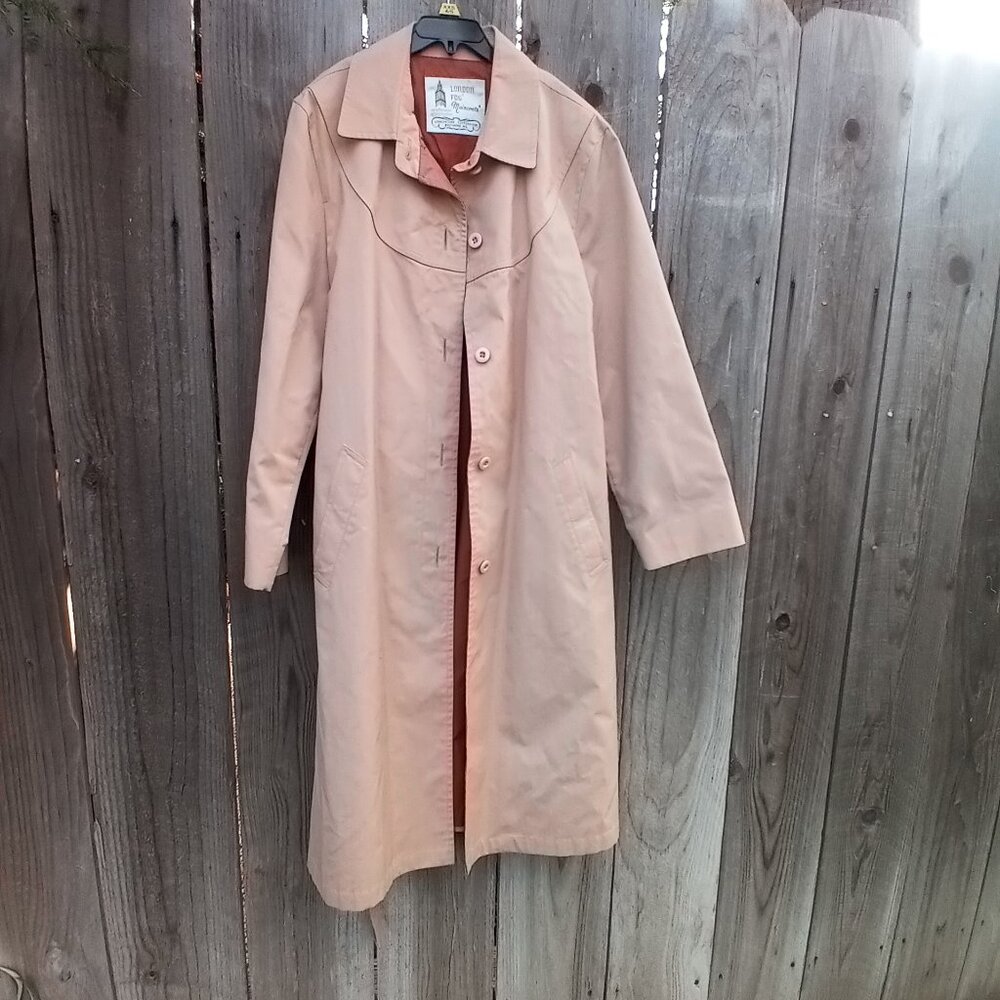 LONDON FOG COAT WOMENS PETITE SZ 12 TAN BROWN LONG SLEEVE BUTTON TIE WAIST